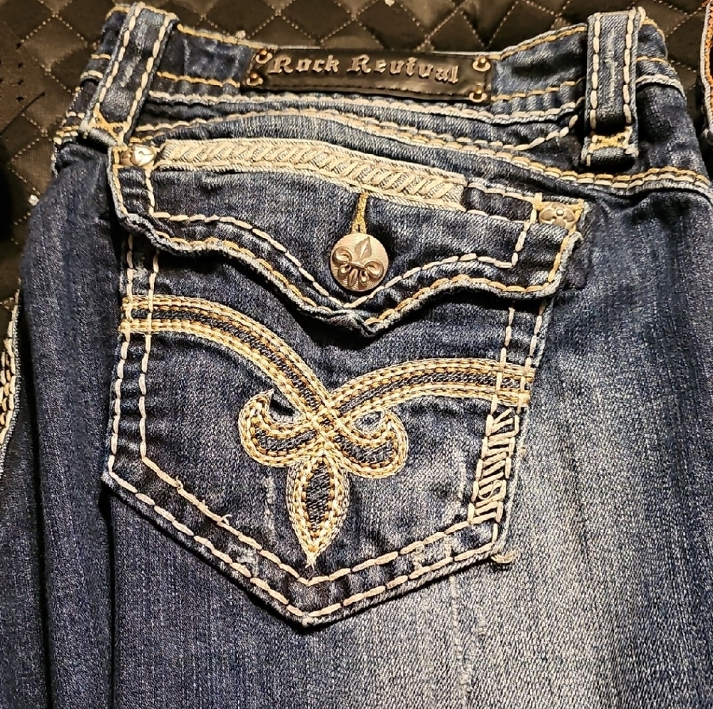 Rock Revival Women's Blue Jeans with Tan Stitching